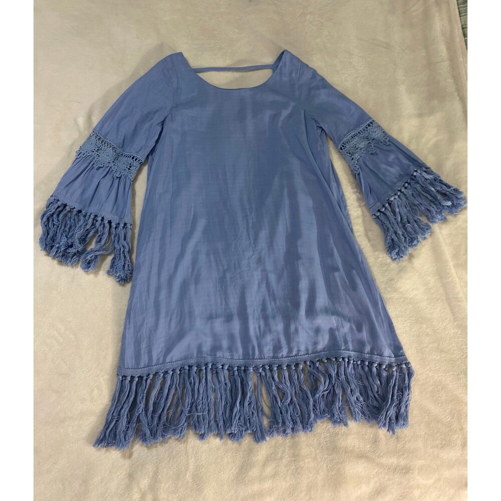 JODIFL Blue Boho Tunic Dress Bell Sleeve Crochet Lace Fringe Tassel Womens S Y2K - Picture 2 of 12